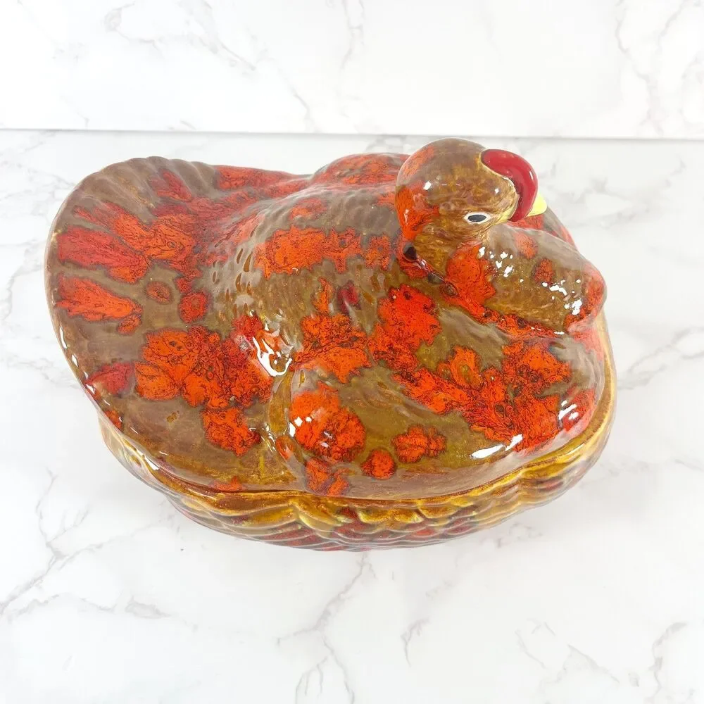 Vintage 1970s Ceramic Turkey Tureen with Lid Drip Glaze Fall Casserole Dish